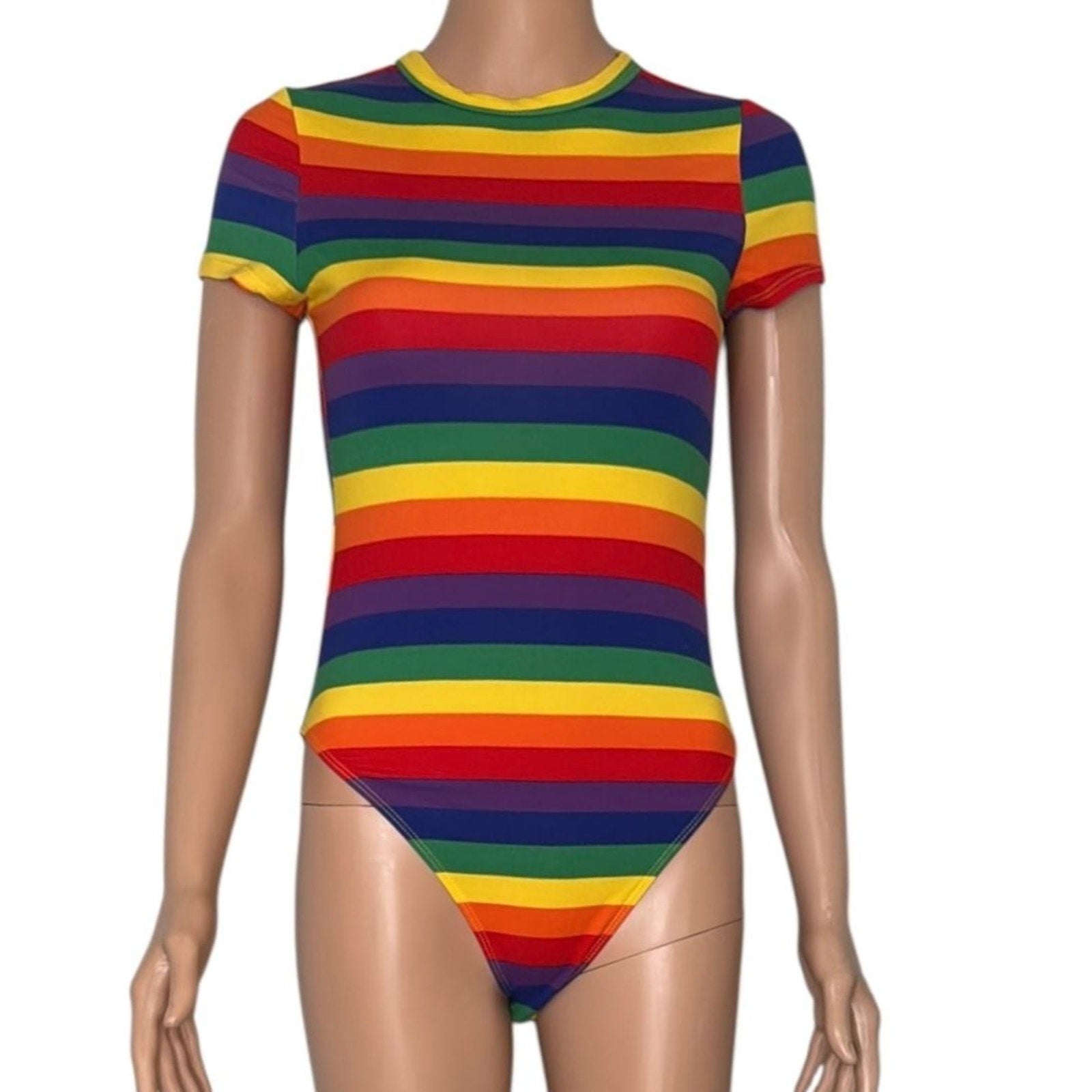 SHEIN Rainbow Striped Short Sleeve Crew Neck T-Shirt Bodysuit