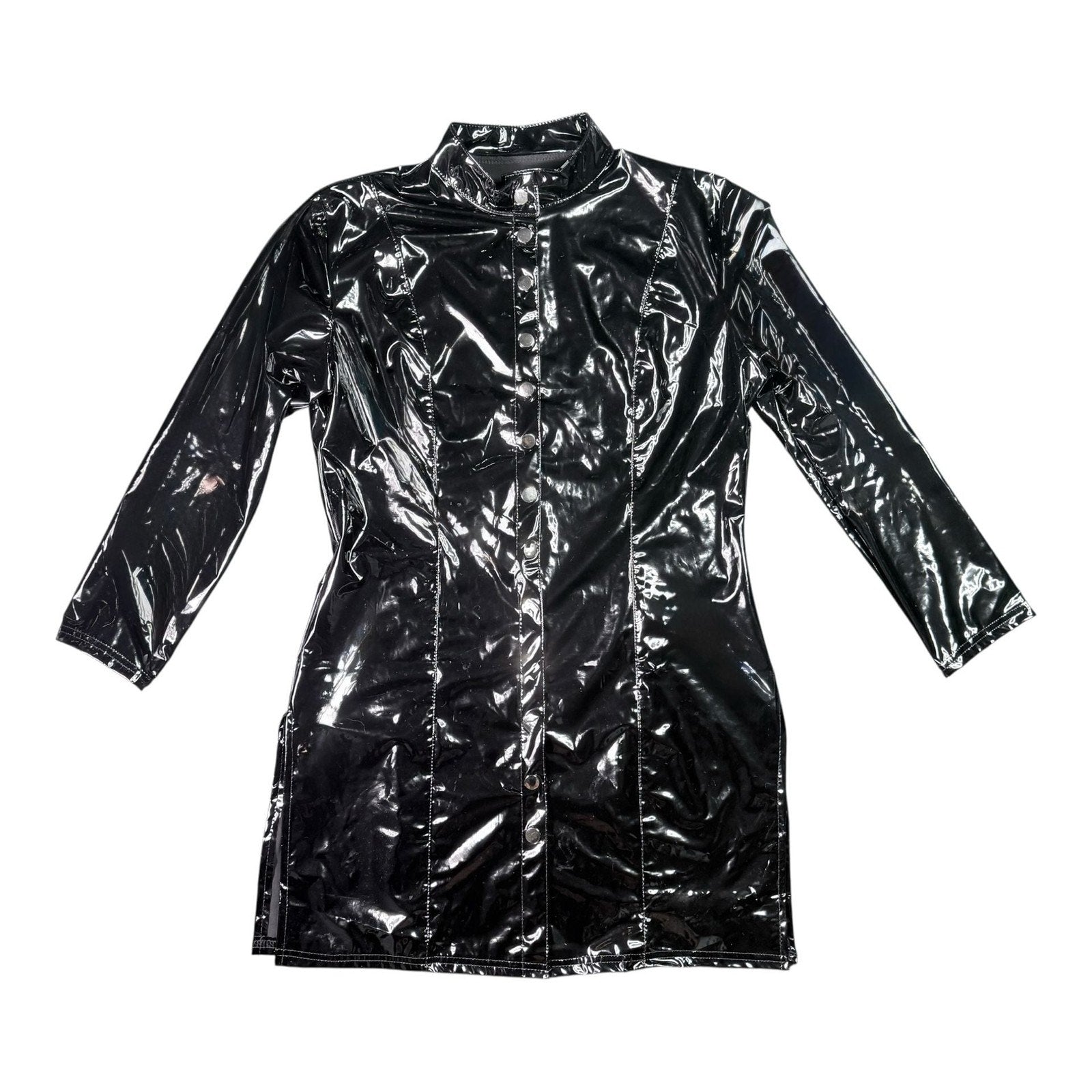 Patrice Catanzaro Black Vinyl Patent Button Down Crepuscule Mini Dress