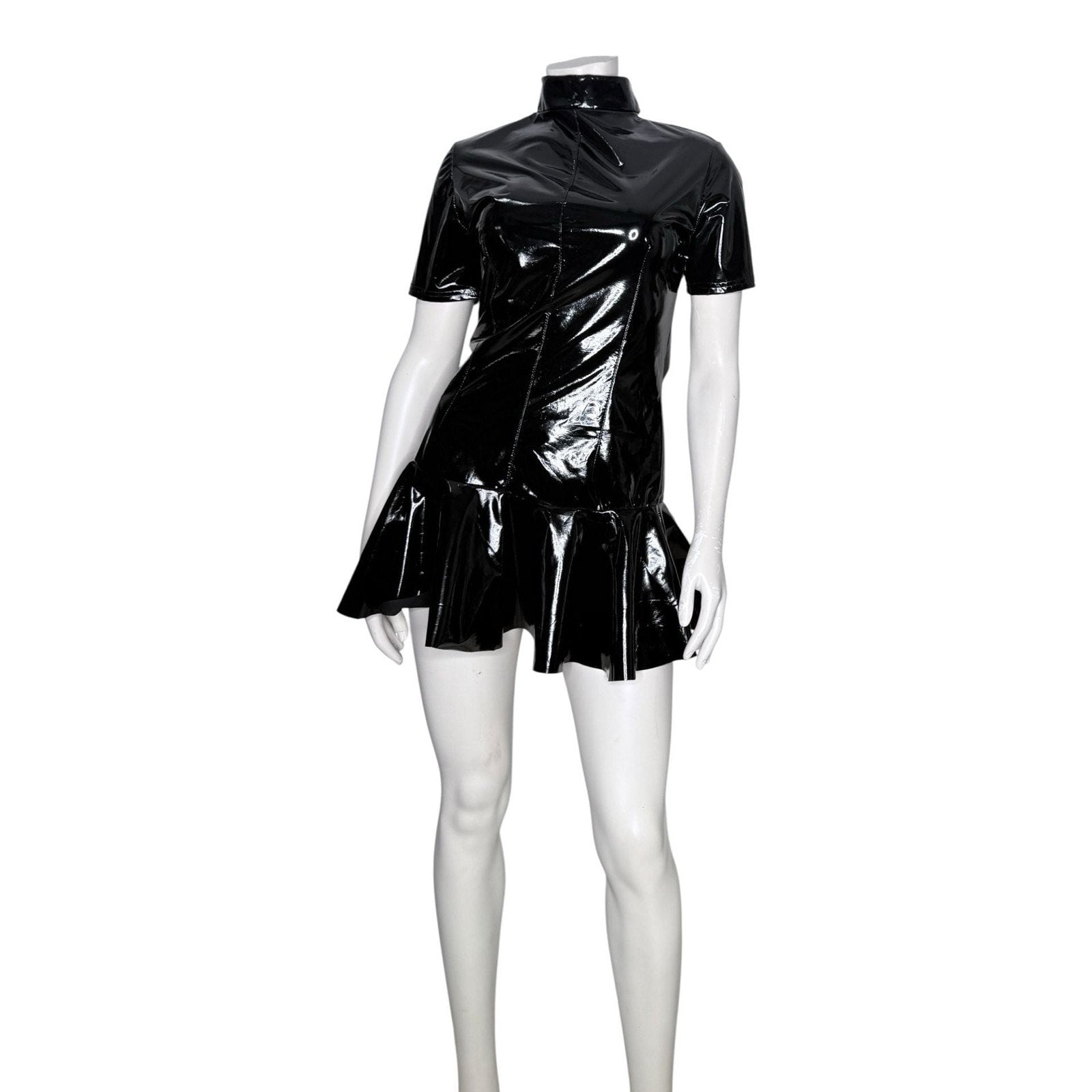 Miaou Frankie Black Latex PVC Short Sleeve Mini Dress with Back O-Ring Zipper