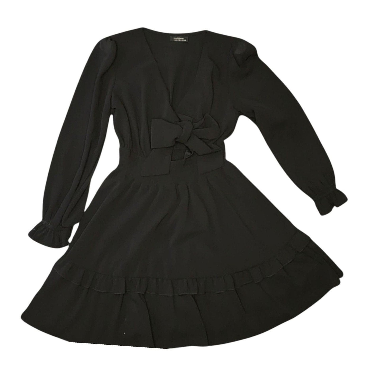 Stradivarius Black Long Sleeve Mini Dress with Bow Detail - Size S