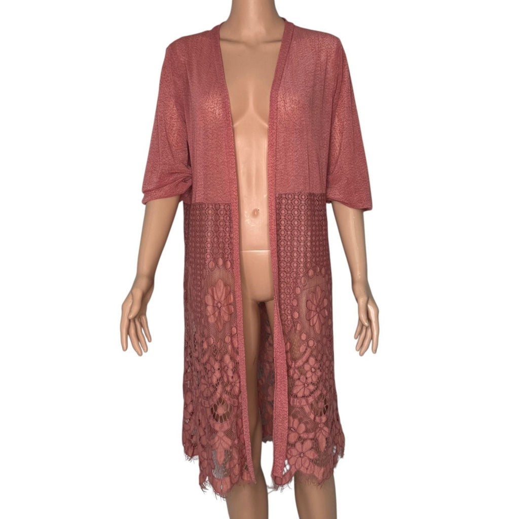 Ember Women's Dusty Rose Open Front Lace Hem Kimono Cardigan - Size M