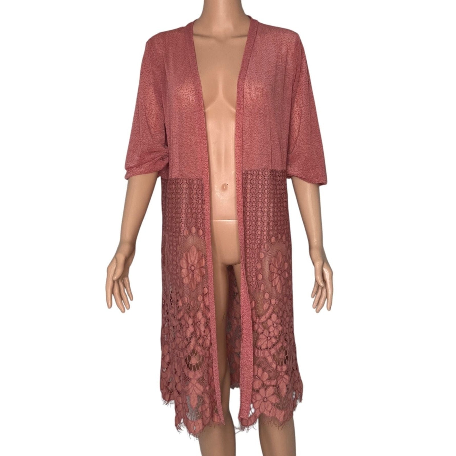 Ember Women's Dusty Rose Open Front Lace Hem Kimono Cardigan - Size M
