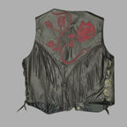 Vintage Gypsy Leathers Fringe Biker Vest, Red Rose Embroidery - Made in USA