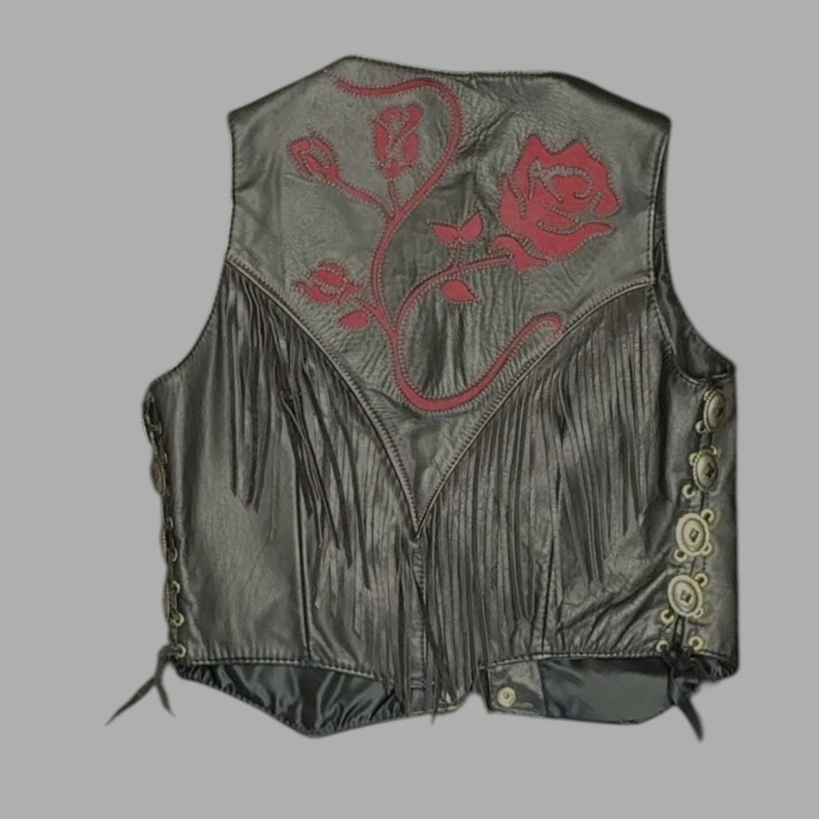 Vintage Gypsy Leathers Fringe Biker Vest, Red Rose Embroidery - Made in USA