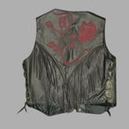 Vintage Gypsy Leathers Fringe Biker Vest, Red Rose Embroidery - Made in USA gypsy leathers