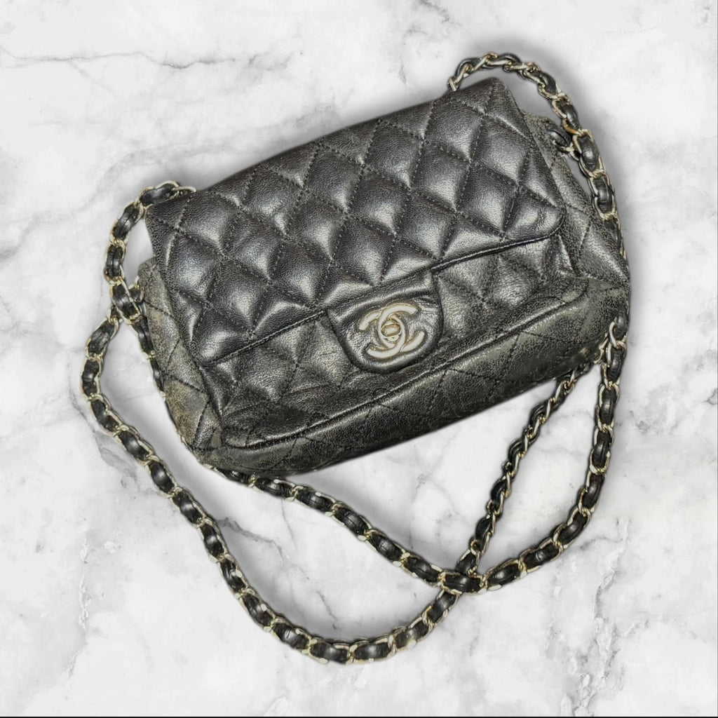 CHANEL Quilted Mini Flap Bag, Metallic Charocoal Leather, Silver-Tone Hardware.