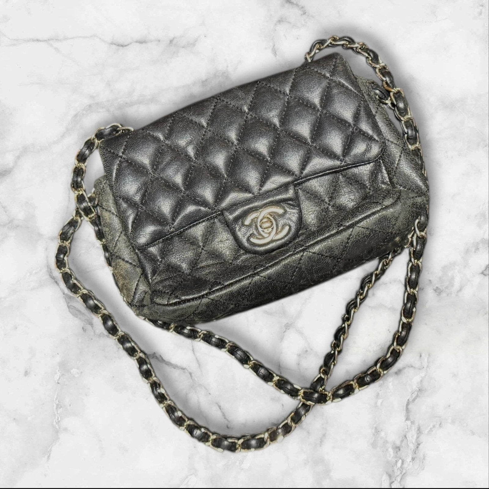 CHANEL Quilted Mini Flap Bag, Metallic Charocoal Leather, Silver-Tone Hardware.