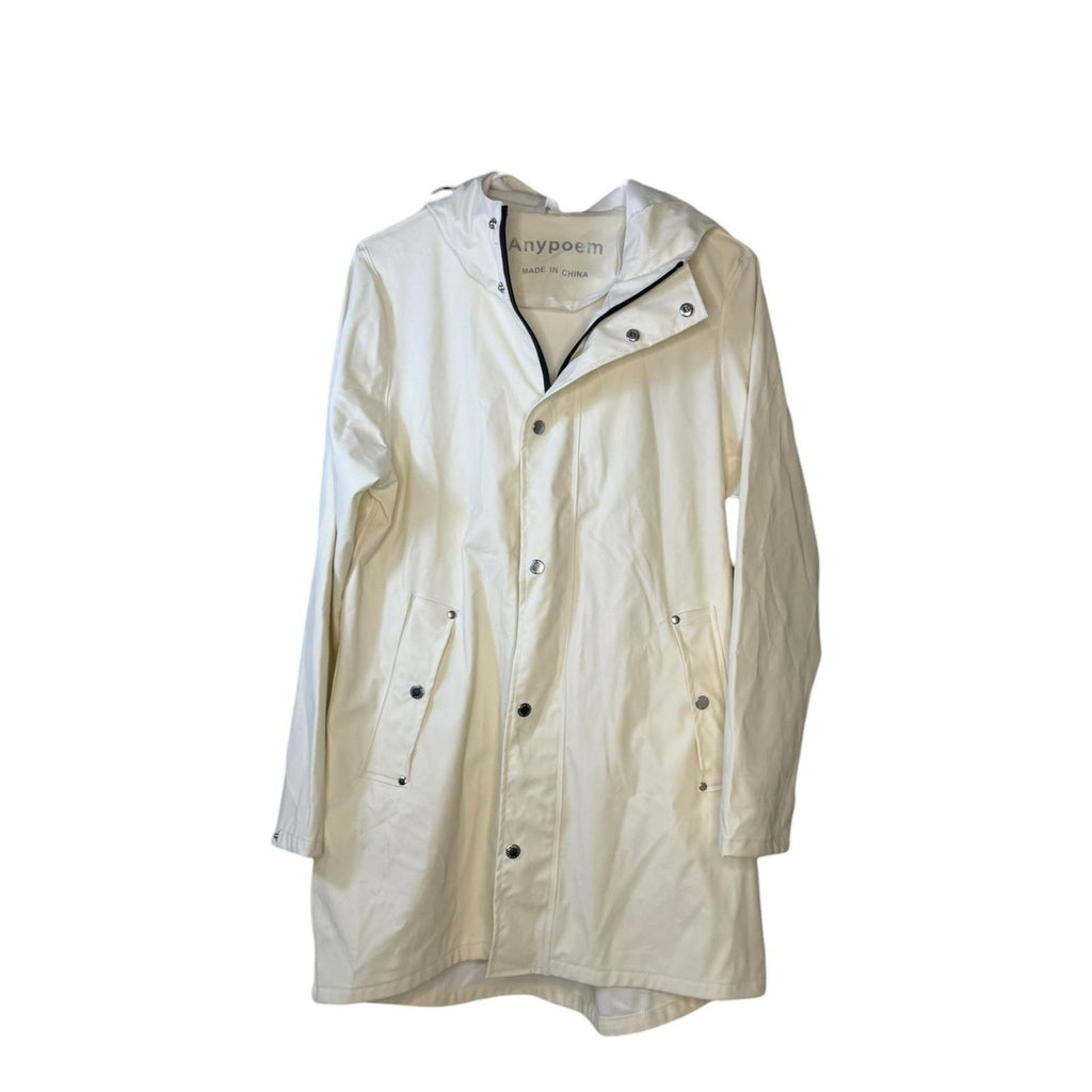 Anypoem Women's Long Off-White Waterproof Hooded Raincoat Trench