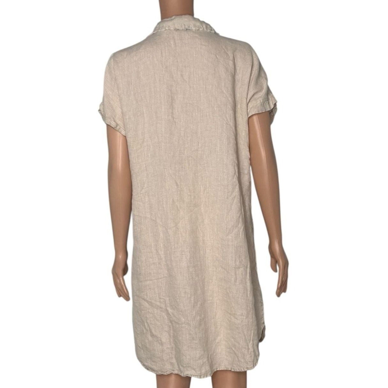 Azucar 100% Linen Short Sleeve Button Front Fringe Trim Shirt Dress with Pockets
