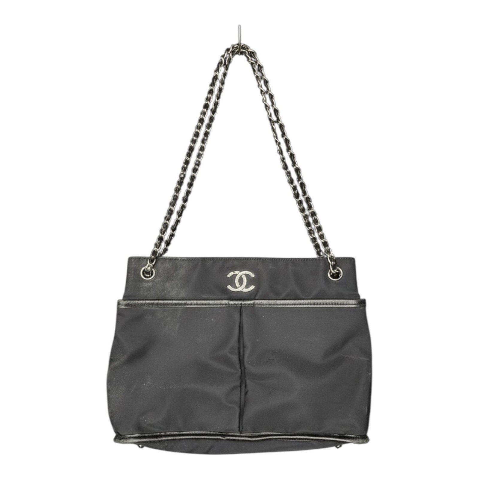 Chanel Black Nylon CC Mark Chain Tote Bag with Leather Trim