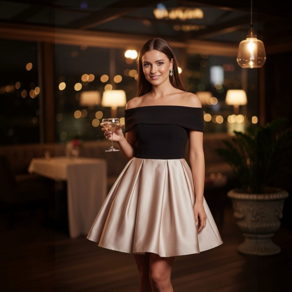 Betsy & Adam Off-the-Shoulder Colorblock Satin Fit & Flare Mini Dress