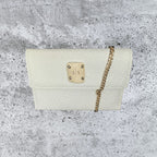Ashley Pittman White Pebbled Leather Crossbody Bag with Horn Plaque and Gold Tas