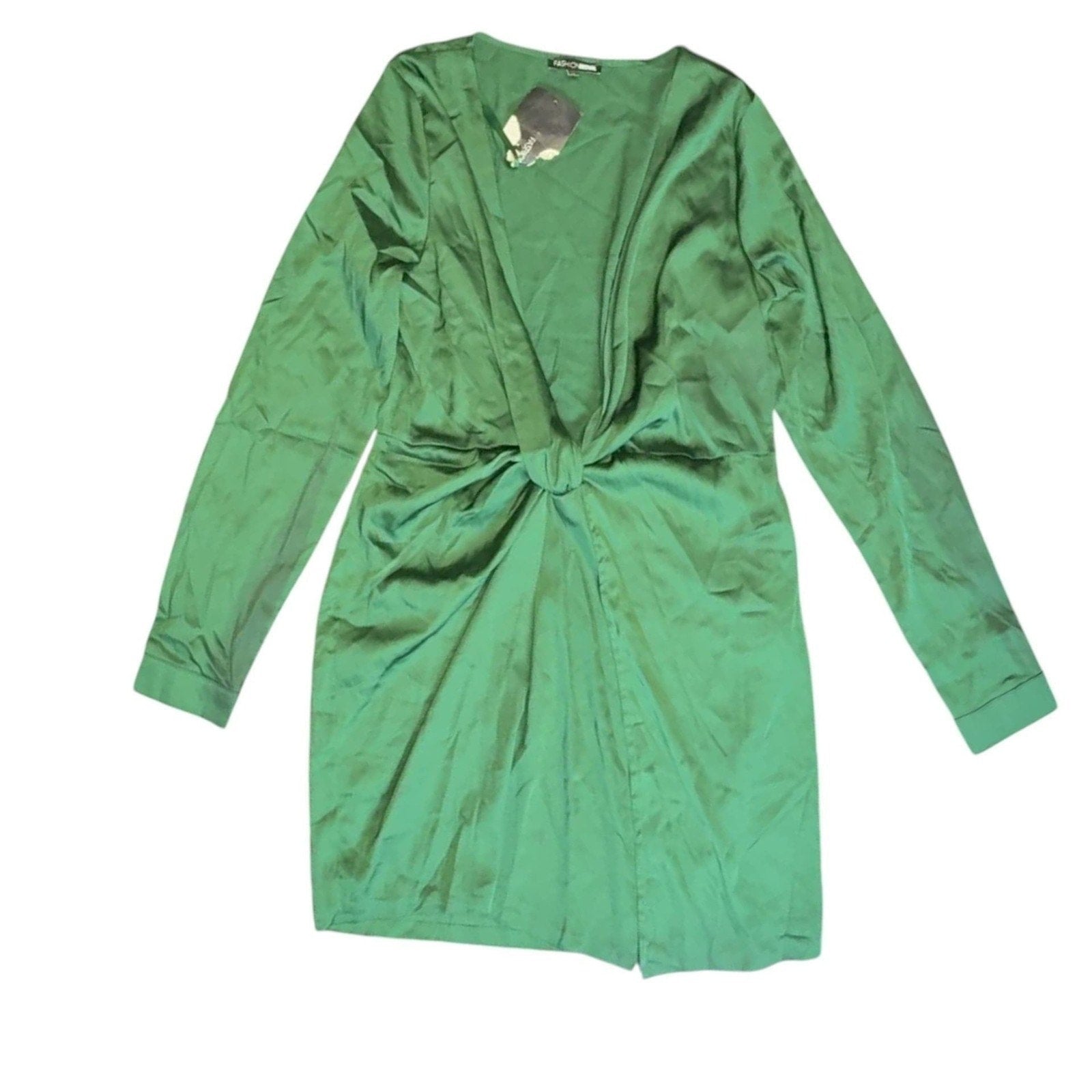 Fashion Nova Emerald Green Satin Front Twist Mini Dress, NWT - Size Medium