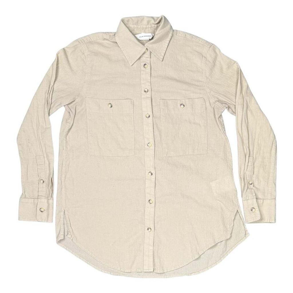 Club Monaco women's beige crinkle cotton button-down shirt, size XS, front view with dual chest pockets and curved hem.