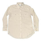 Club Monaco women's beige crinkle cotton button-down shirt, size XS, front view with dual chest pockets and curved hem.