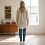 Virtual model back view of Club Monaco women's beige crinkle cotton button-down shirt, size XS.
