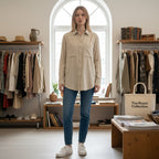 Virtual model front view of Club Monaco women's beige crinkle cotton button-down shirt, size XS.