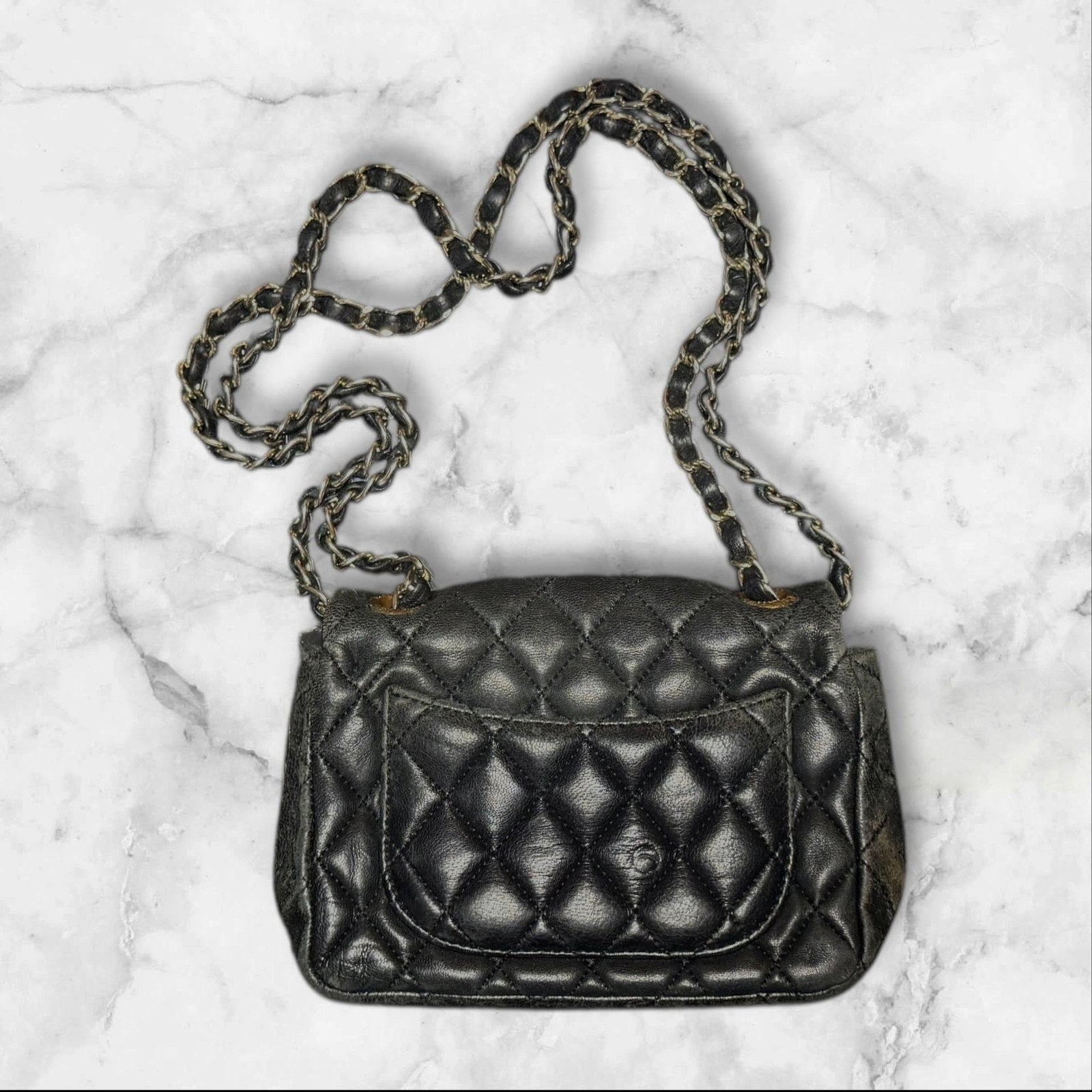 CHANEL Quilted Mini Flap Bag, Metallic Charocoal Leather, Silver-Tone Hardware.