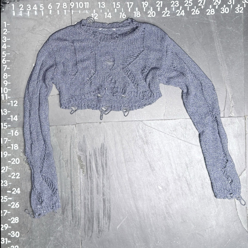 Zara Metallic Blue Distressed Open Knit Cropped Shrug Sweater