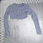 Zara Metallic Blue Distressed Open Knit Cropped Shrug Sweater