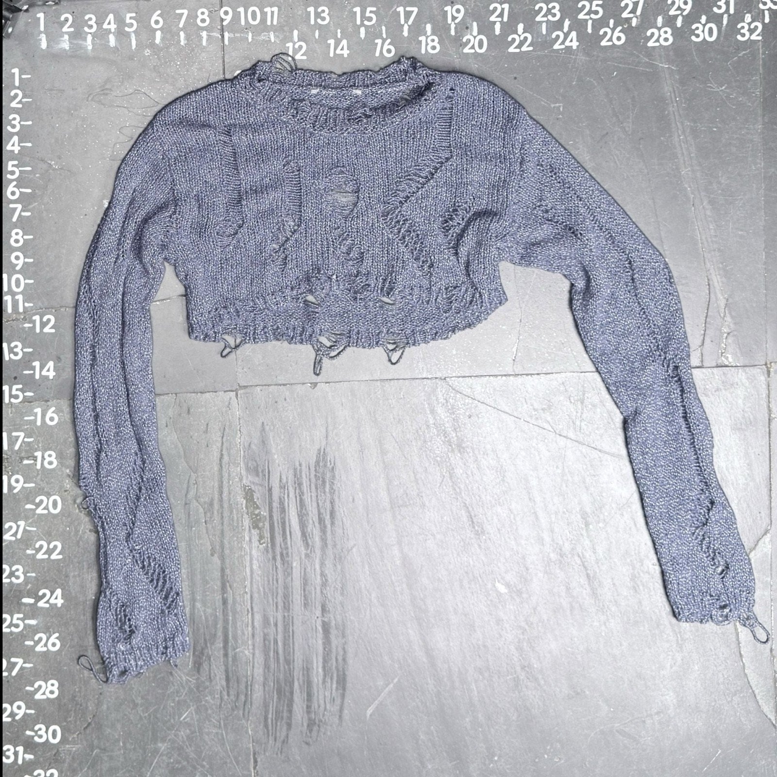 Zara Metallic Blue Distressed Open Knit Cropped Shrug Sweater