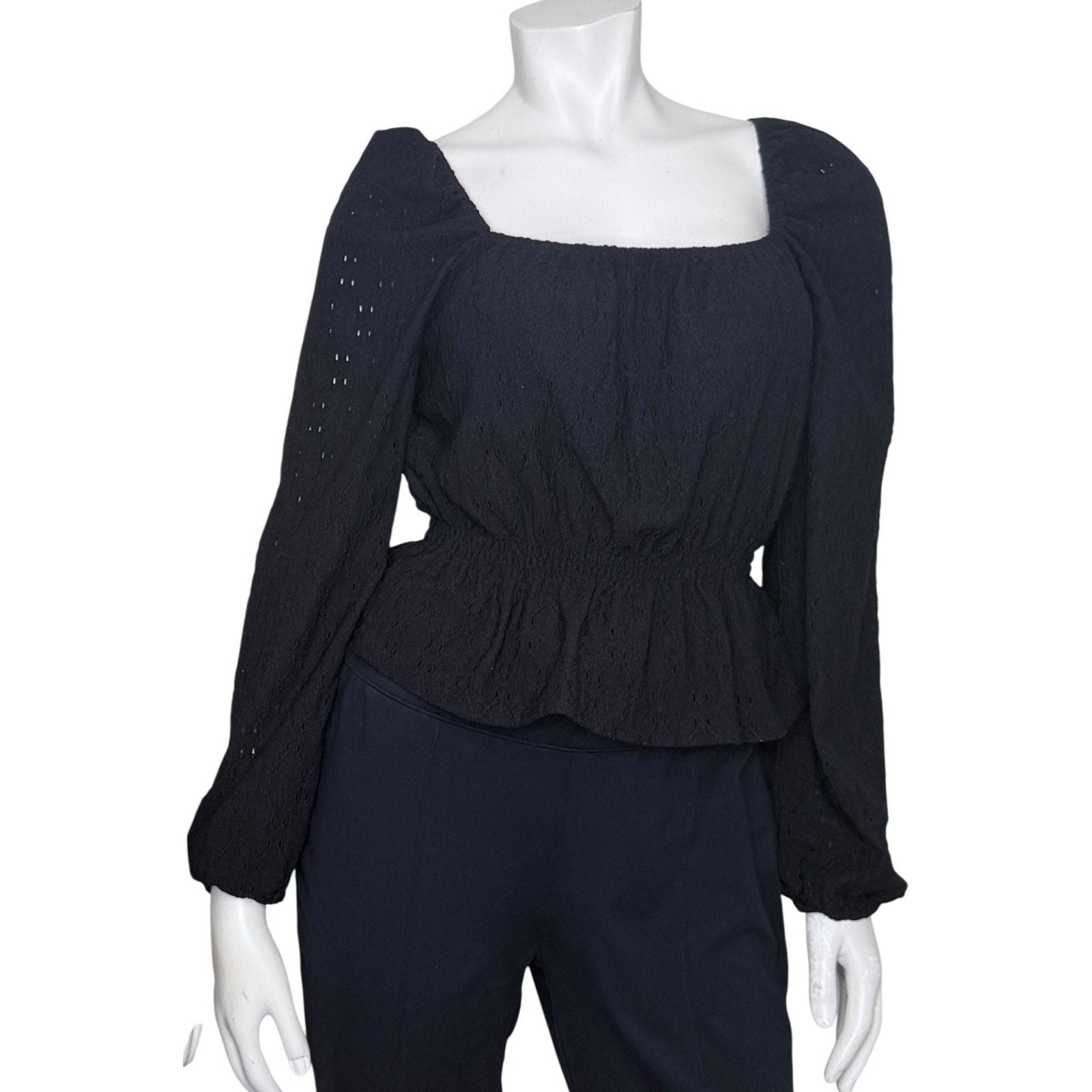 SO Black Eyelet Smocked Square Neck Peplum Top with Lantern Sleeves