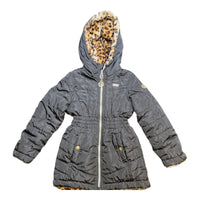 DKNY Girls Reversible Black Puffer Jacket with Leopard Faux Fur Lining