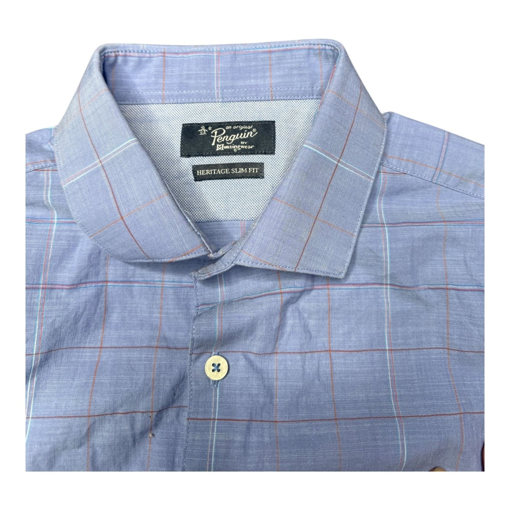 Original Penguin by Munsingwear Heritage Slim Fit Blue Windowpane Long Sleeve Sh
