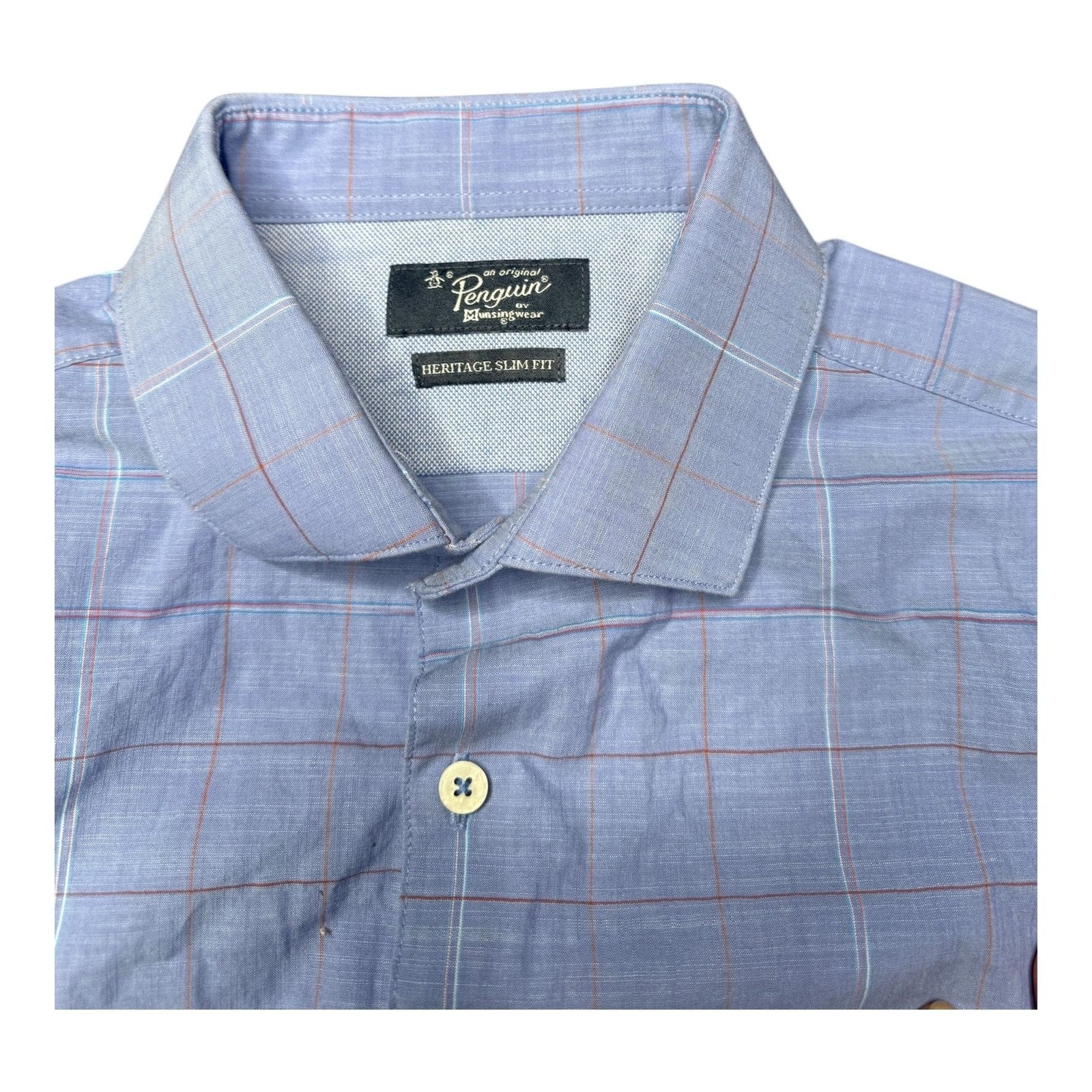 Original Penguin by Munsingwear Heritage Slim Fit Blue Windowpane Long Sleeve Sh