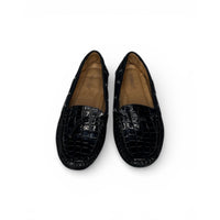 Merozzi Women's Black Croc-Embossed Patent Leather Driving Loafers