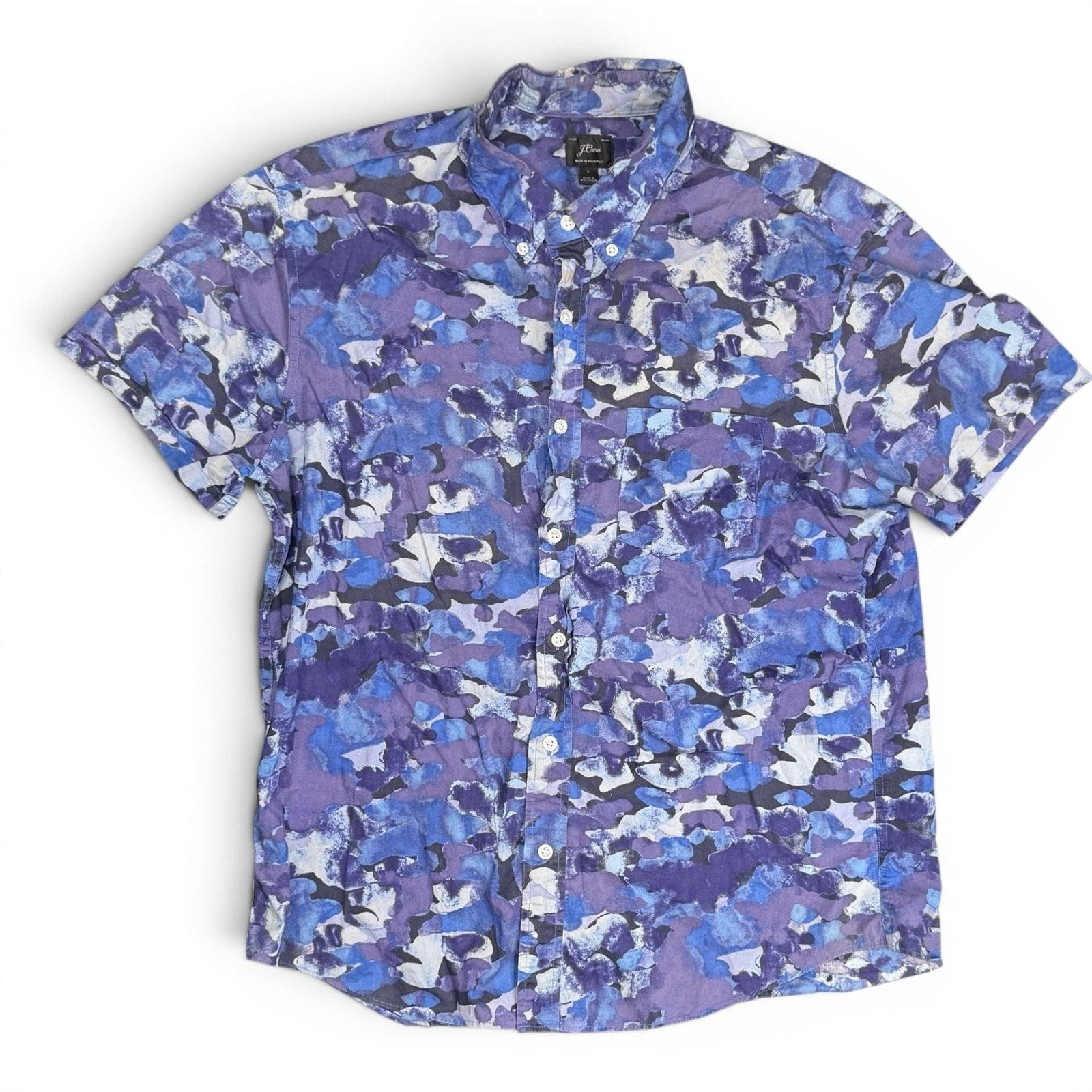 J.Crew Men's Short Sleeve Button Up Shirt- Watercolor Camo Blue-(XLARGE)NWT!