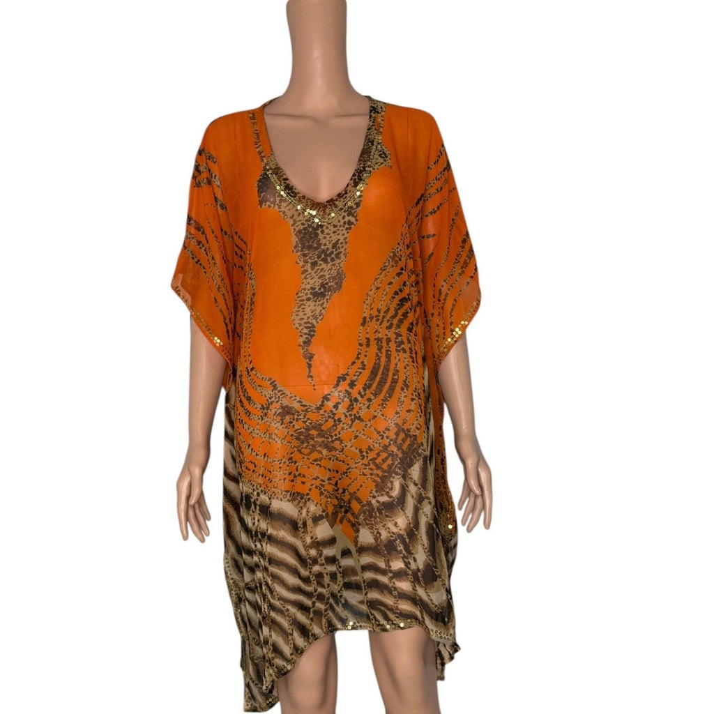 La Moda Embellished Animal Print V-Neck Kaftan Beach Cover-Up-one size