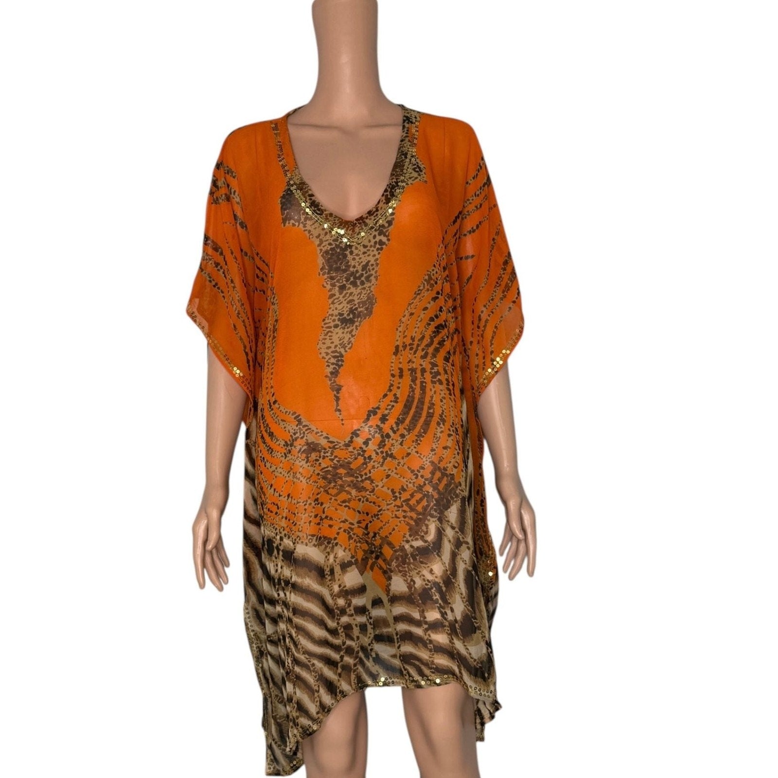 La Moda Embellished Animal Print V-Neck Kaftan Beach Cover-Up-one size
