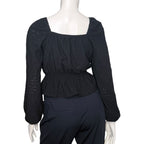 SO Black Eyelet Smocked Square Neck Peplum Top with Lantern Sleeves