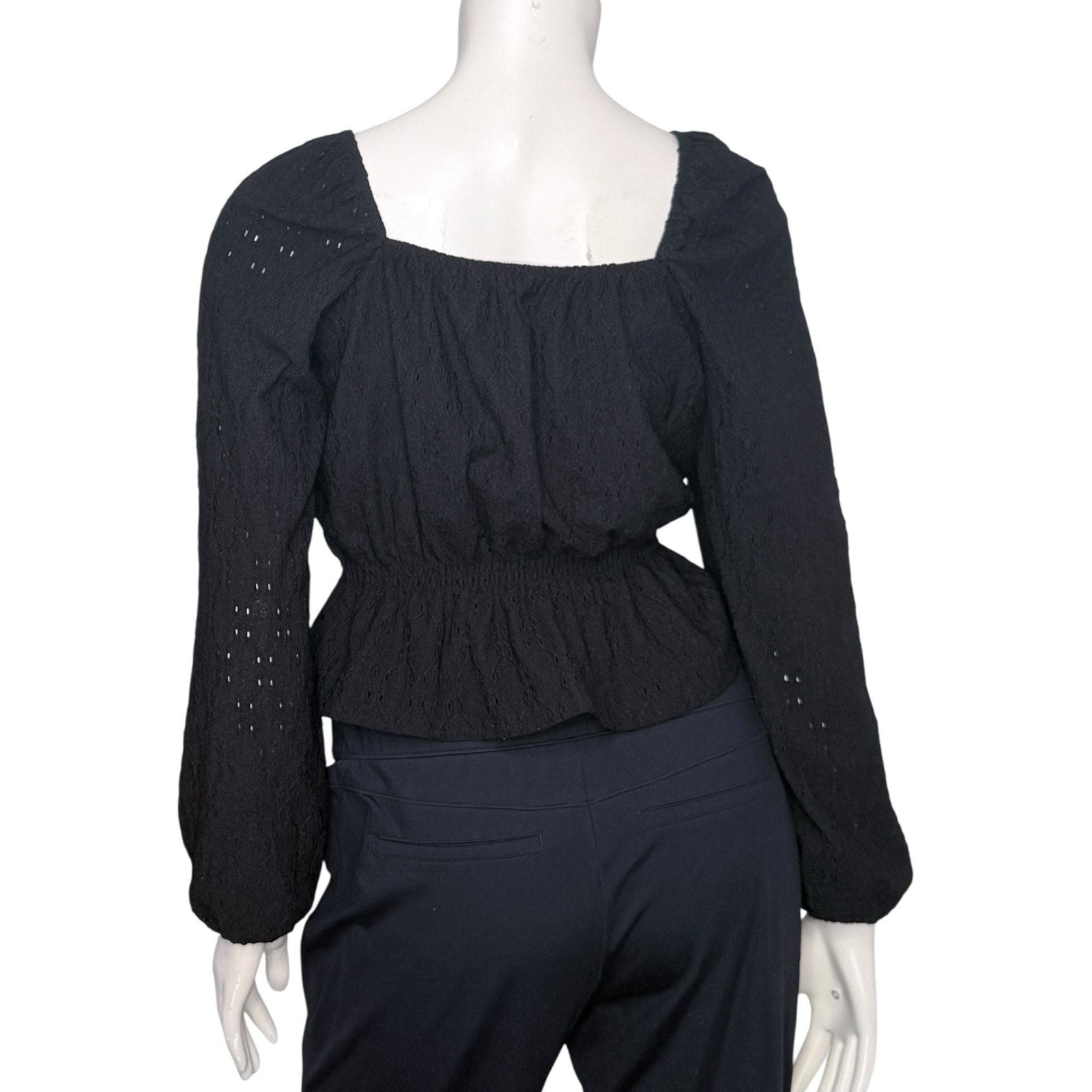 SO Black Eyelet Smocked Square Neck Peplum Top with Lantern Sleeves