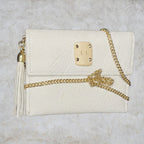 Ashley Pittman White Pebbled Leather Crossbody Bag with Horn Plaque and Gold Tas