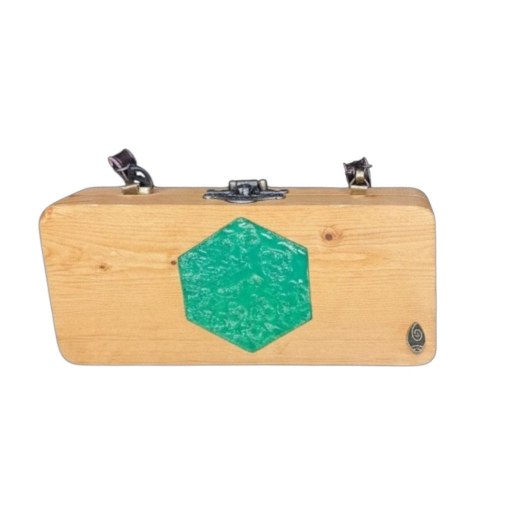 Pluci Handmade Teakwood Box Purse with Green Epoxy Resin Inlay
