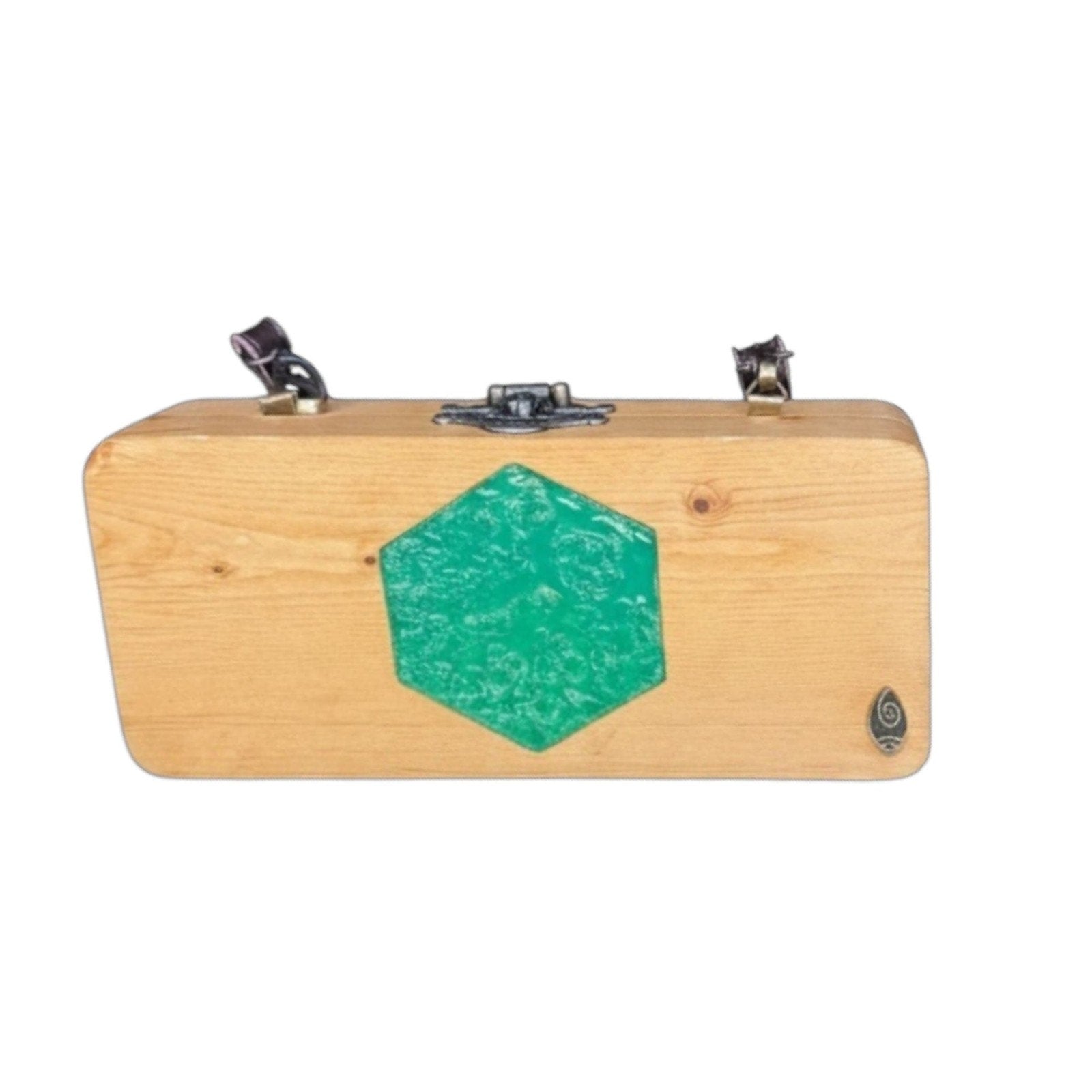 Pluci Handmade Teakwood Box Purse with Green Epoxy Resin Inlay