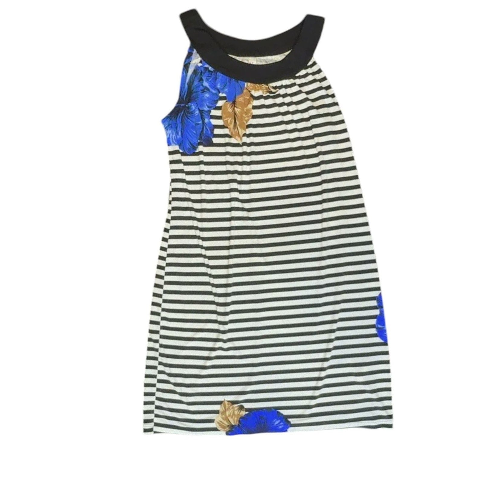 Women's Striped Shift Dress with Blue Floral Accent, Sleeveless Summer Dress