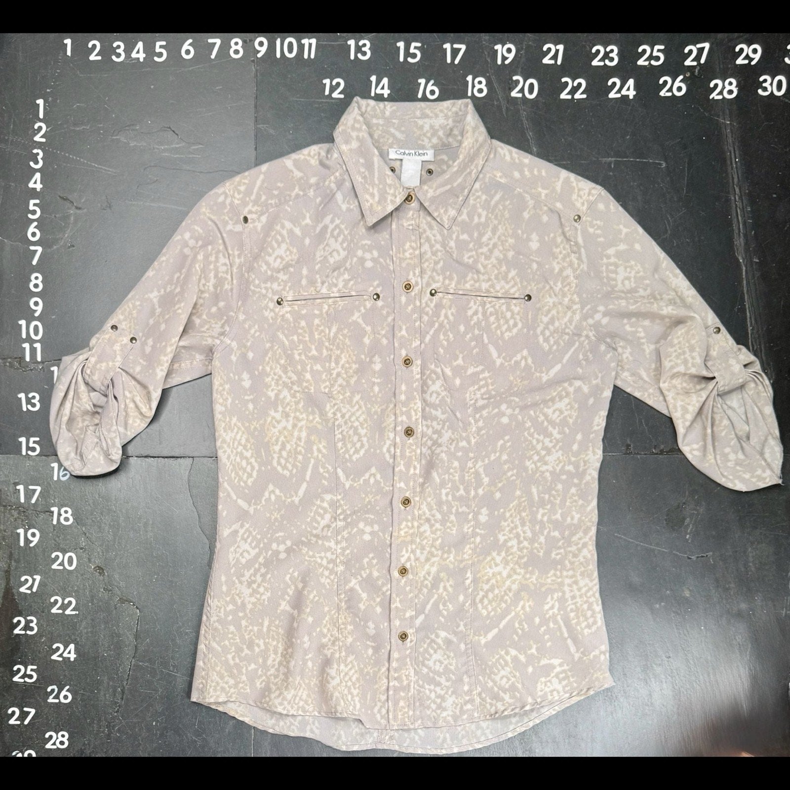 Calvin Klein Snakeskin Print Roll-Tab Sleeve Utility Button Down Shirt