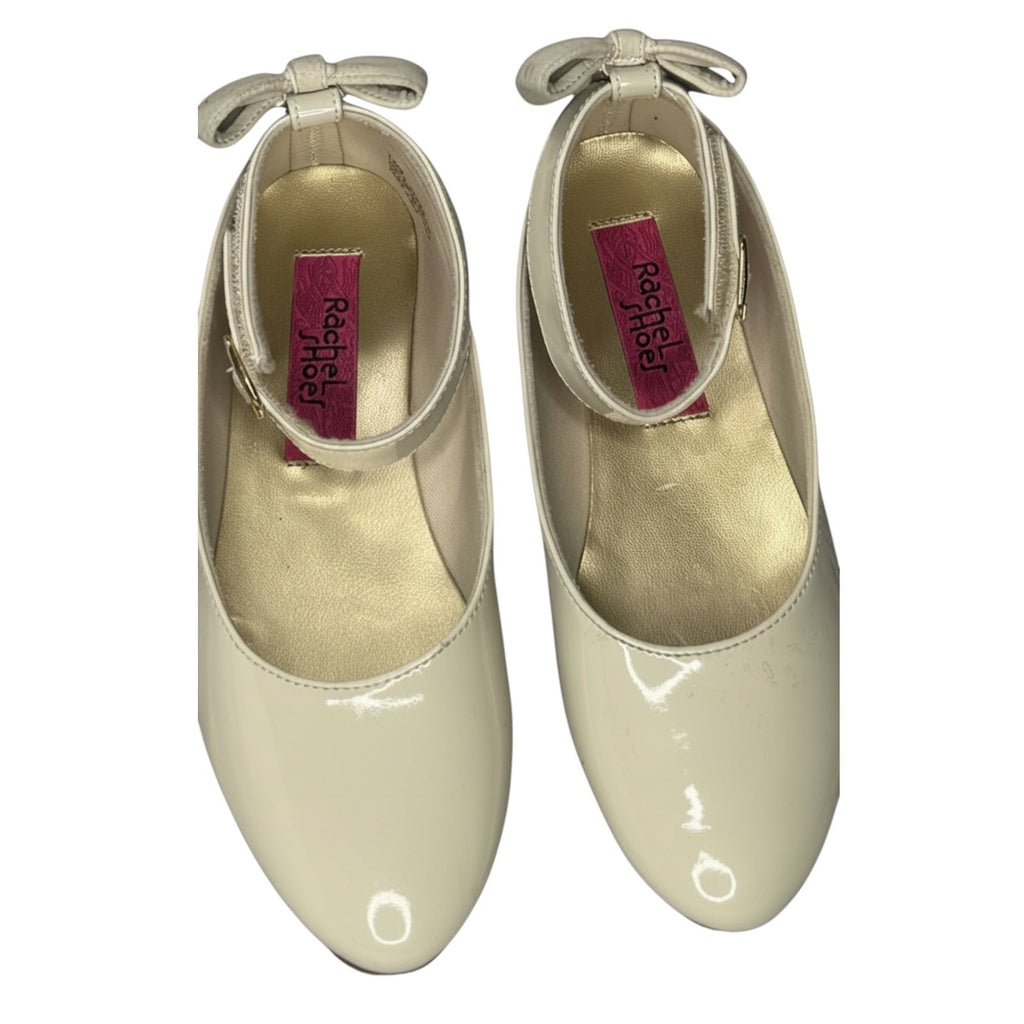Rachel Shoes Girls Millie Patent Ivory Ballet Flats with Ankle Strap and Bow