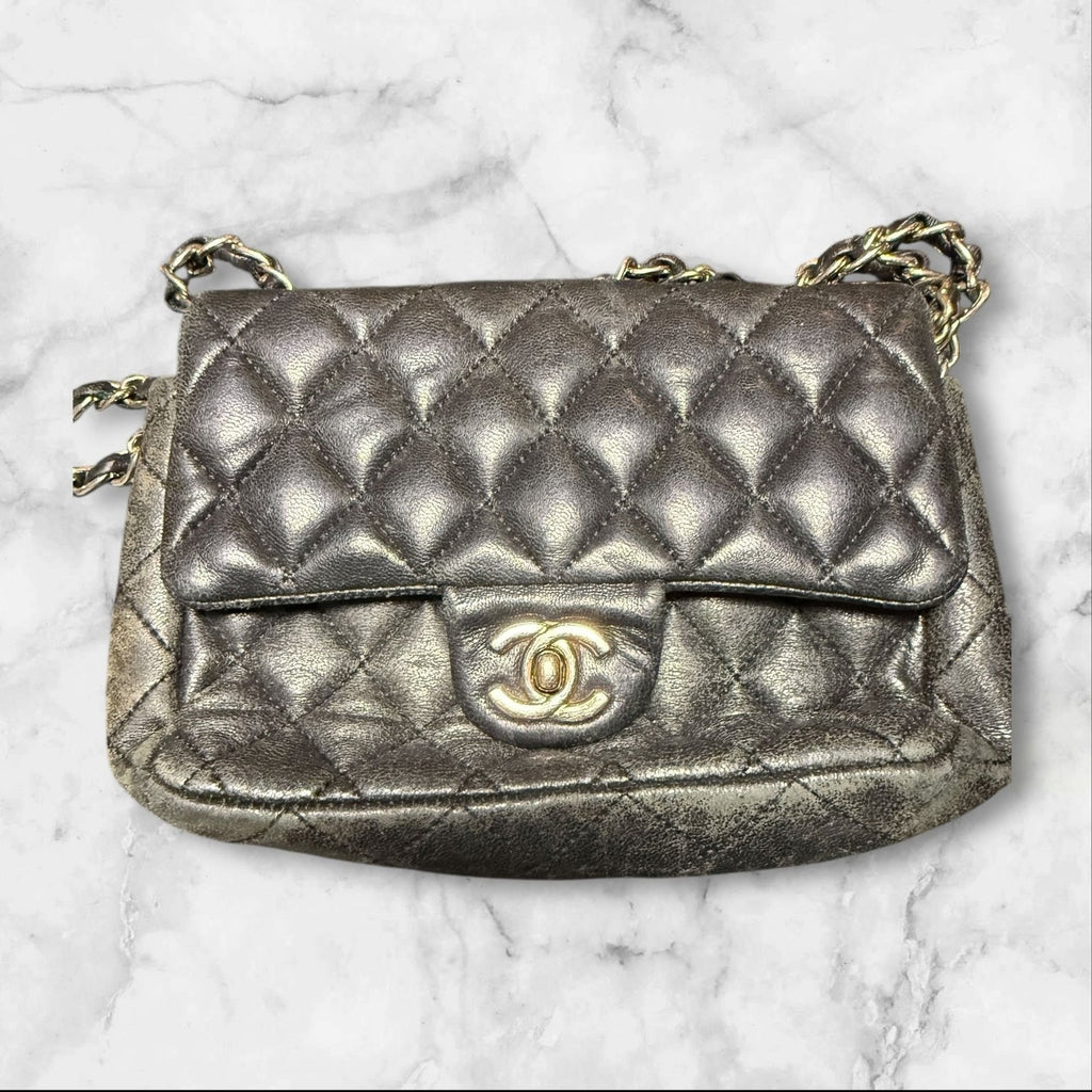 CHANEL Quilted Mini Flap Bag, Metallic Charocoal Leather, Silver-Tone Hardware.