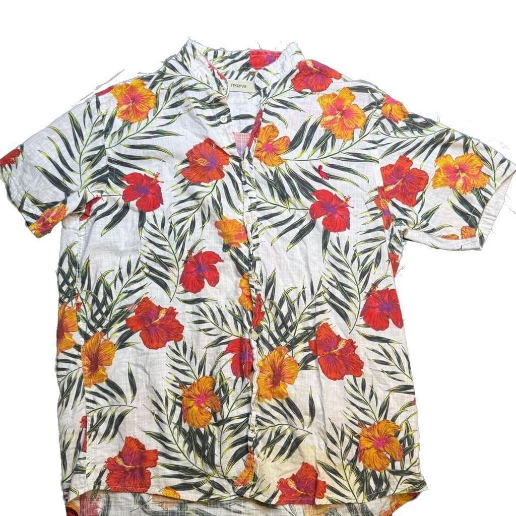 Reserva Men's White Tropical Hibiscus Floral Short Sleeve Linen Shirt