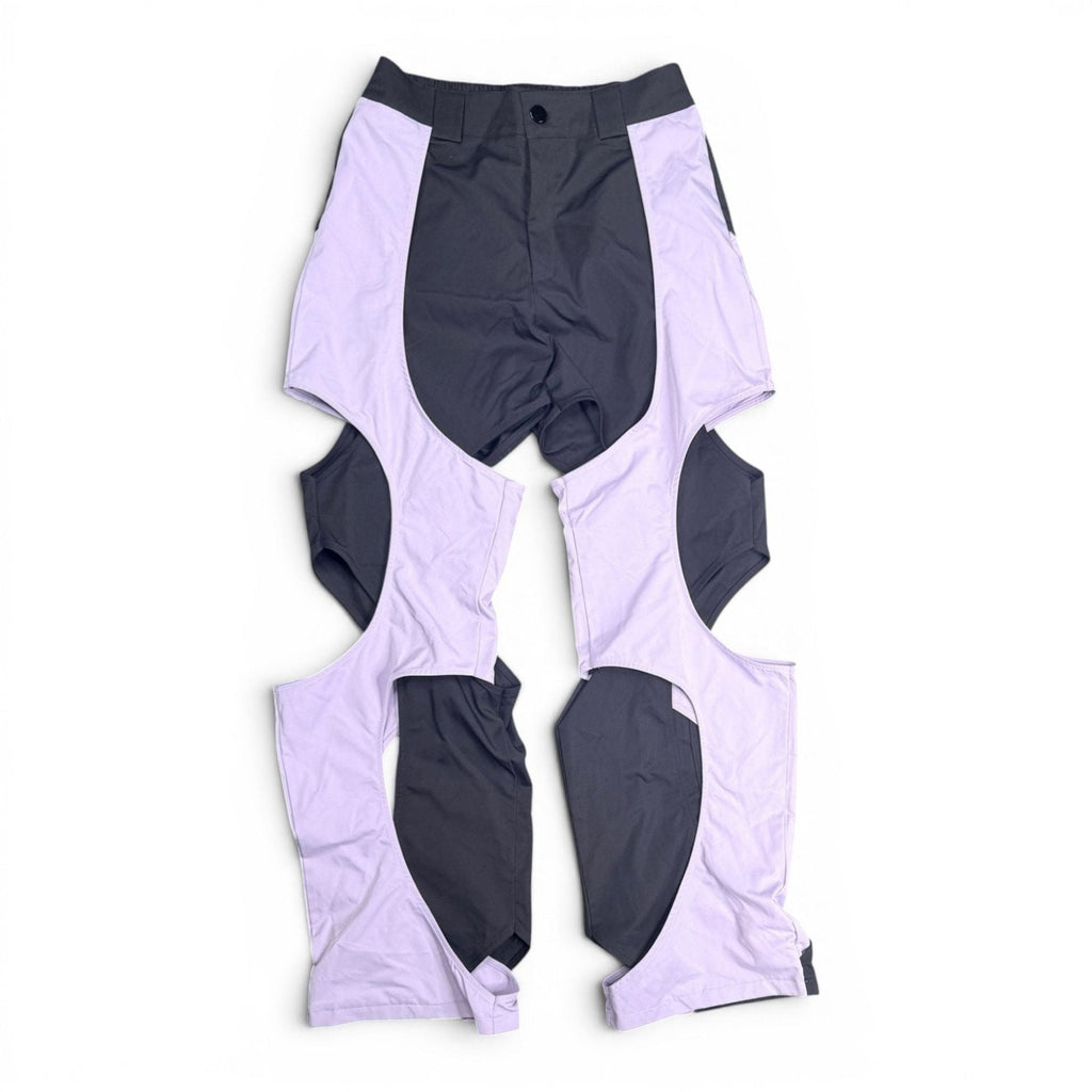 Lavender and Black Two-Tone Cut-Out Techwear Pants Fashion Trousers Size S