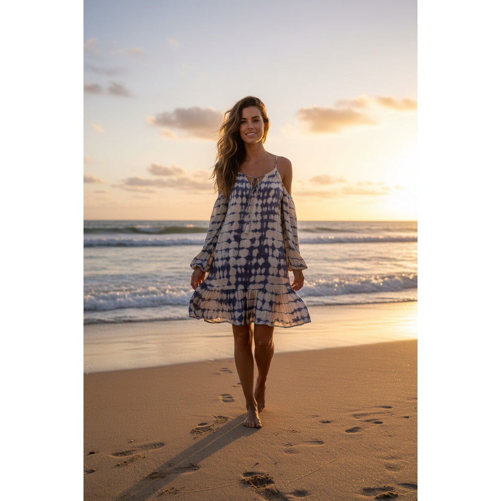 Free People Boho Tie Dye Cold Shoulder Mini Dress Blue/Cream Size Small
