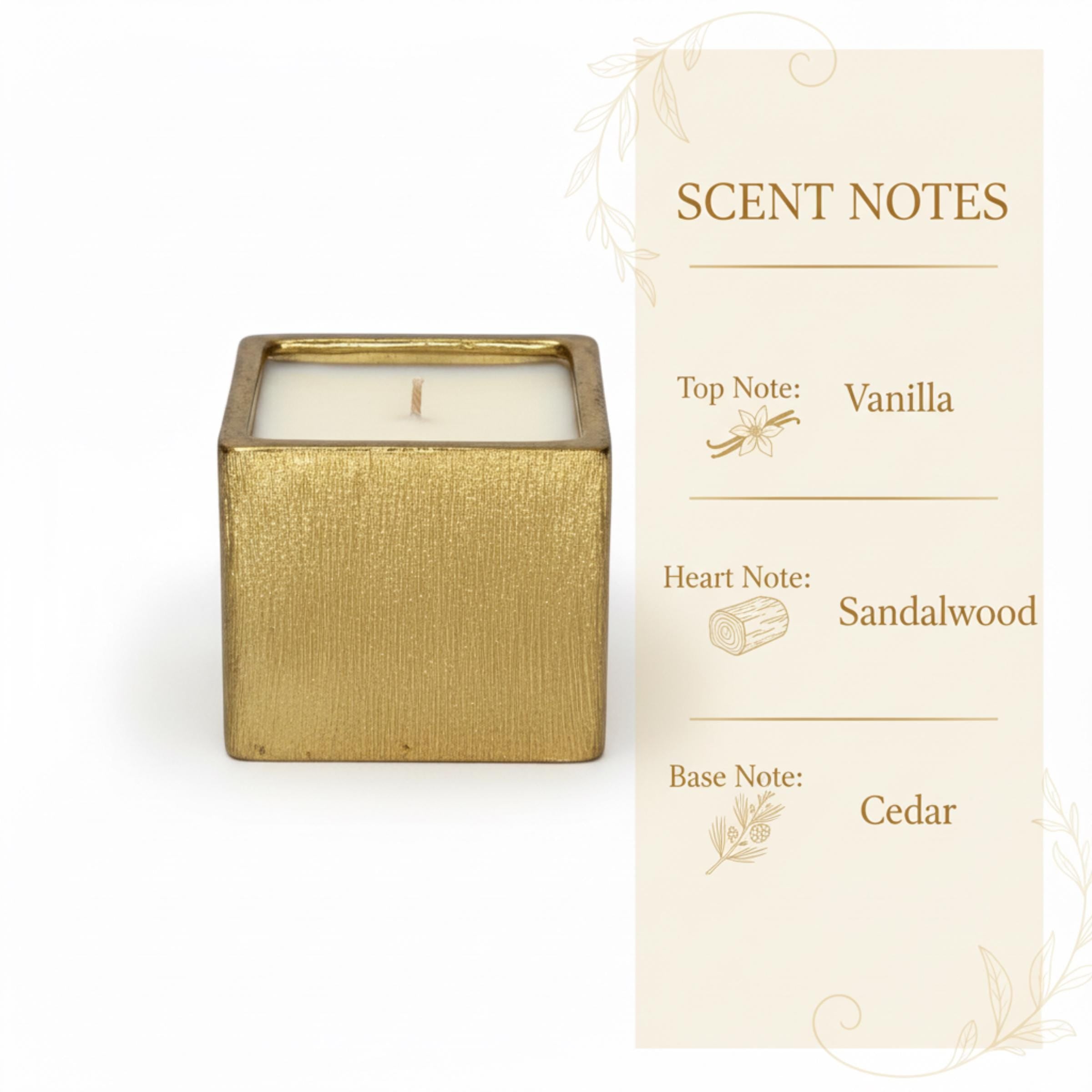 Vanilla Sandalwood Candle – Gold Cube Vessel, Luxury Scent The Room Collective