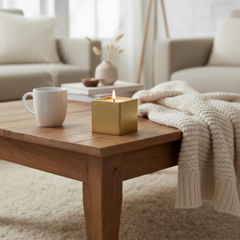 Vanilla Sandalwood Candle – Gold Cube Vessel, Luxury Scent The Room Collective
