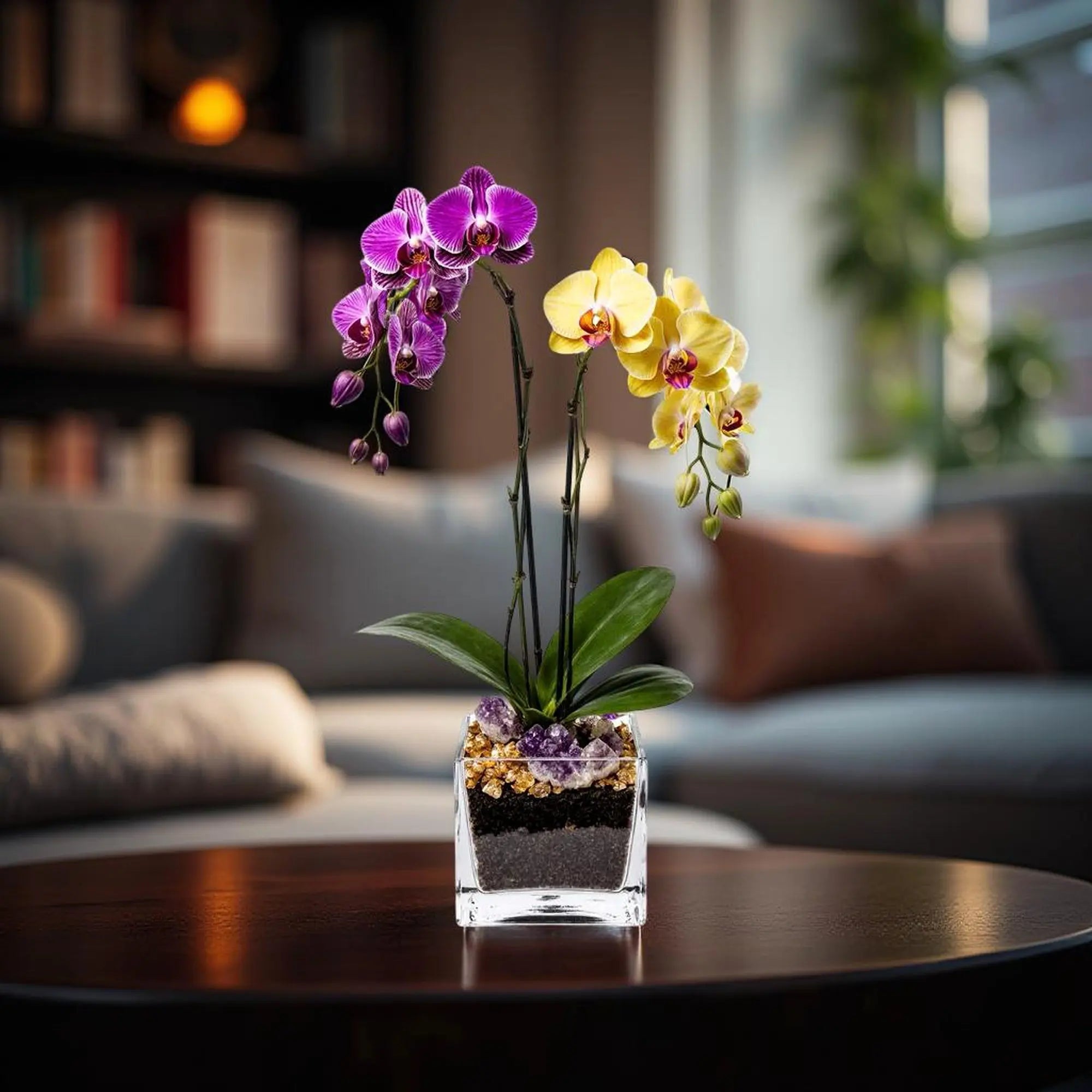 Live Purple and Yellow Double Stem Phalaenopsis Orchid Plant with Citrine and Amethyst - gallery image 3