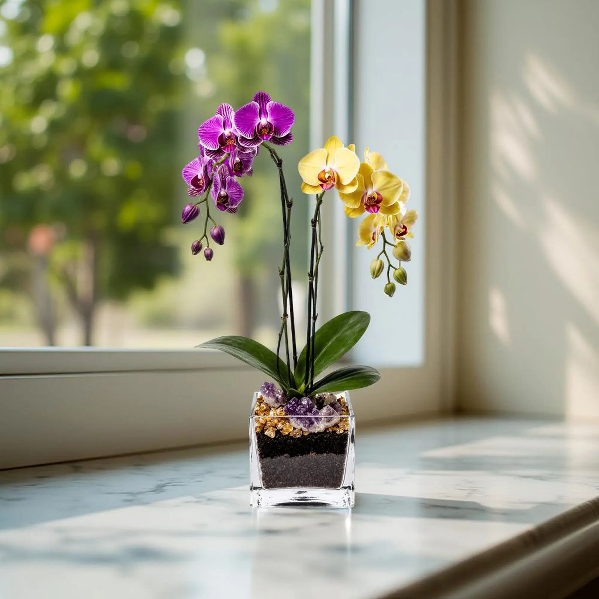 Live Purple and Yellow Double Stem Phalaenopsis Orchid Plant with Citrine and Amethyst - gallery image 5
