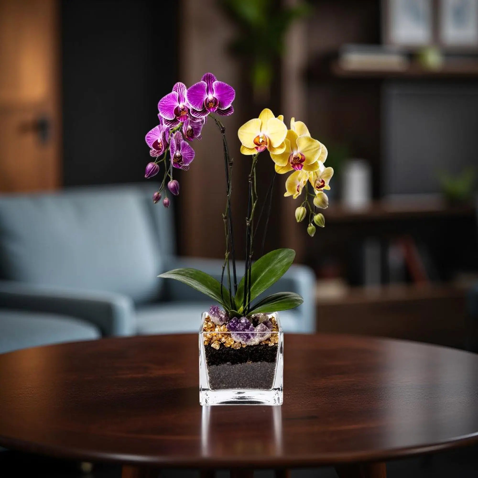 Live Purple and Yellow Double Stem Phalaenopsis Orchid Plant with Citrine and Amethyst - gallery image 10